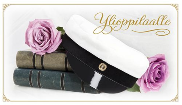 Karto Ylioppilaalle pinkit ruusut ja valkolakki
