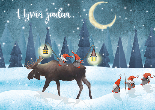Karto hyvää joulua hirvi ja tontut kortti