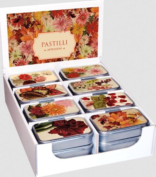 Sköna Ting appelsiinipastillit syksyn sävyisissä peltirasioissa