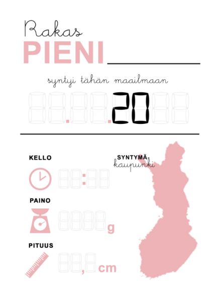 Tiinuska syntymätieto vaaleanpunainen kortti